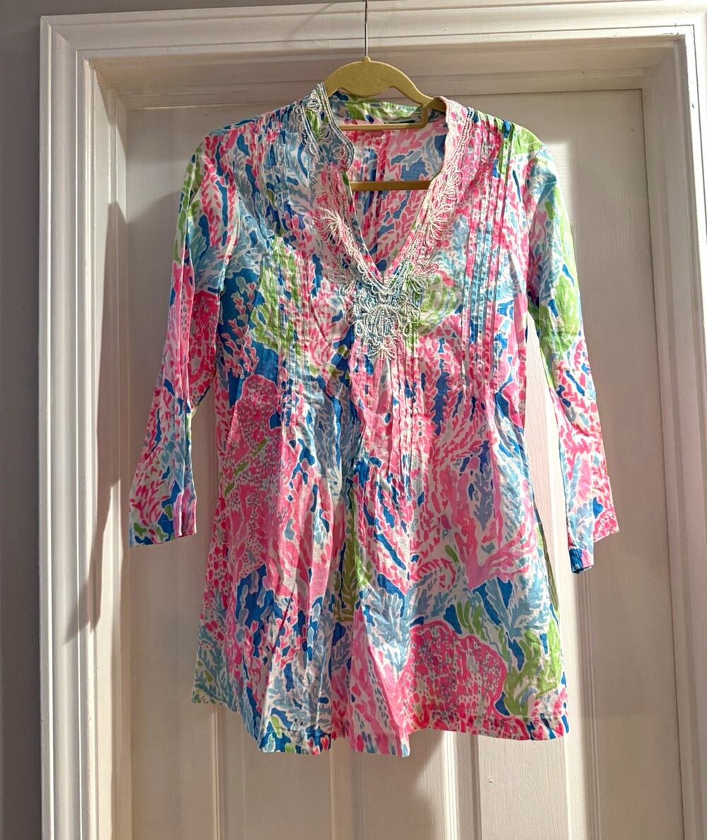 Lilly Pulitzer Multicolor Abstract V-Neck Beaded Embroidered Tunic Top S